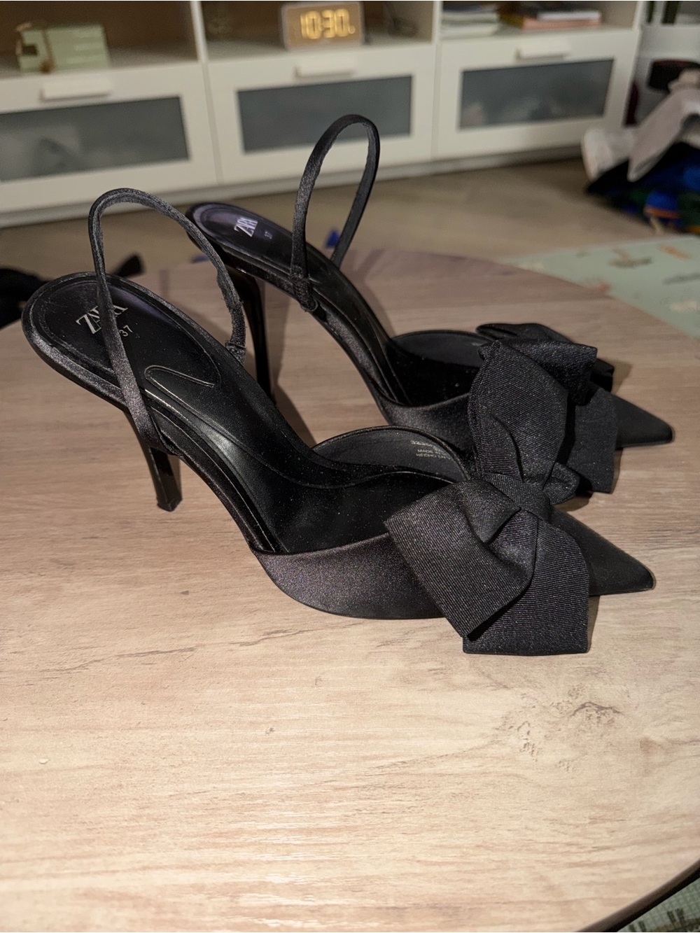 Zara Black Satin Bow Slingback Pointed-Toe Heels
